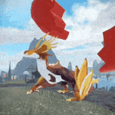 a brown and white dragon with red wings is standing on a grassy hillside