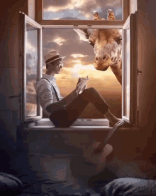 giraffe with boy reading book