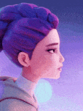 a cartoon character with purple hair and a braid