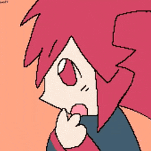 a pixel art drawing of a person with red hair and a hand on their chin