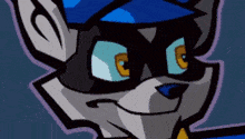 a close up of a cartoon raccoon wearing a blue hat and mask .