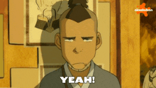 a cartoon of a man with a ponytail and the words yeah