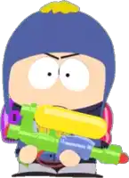 a cartoon character is holding a water gun in his hand