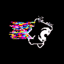 a pixel art of a cartoon character with a rainbow of colors coming out of it 's eyes .