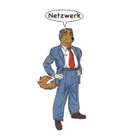 a cartoon of a dog in a suit and tie with the word netzwerk above his head