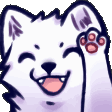 a cartoon drawing of a white cat with a paw in the air and smiling .