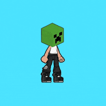 a cartoon character with a green minecraft block on his head