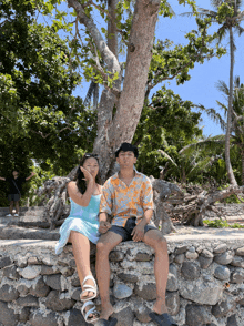 a boy and a girl are sitting on a rock wall under a tree