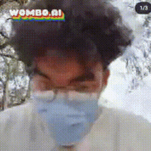 a man wearing a face mask and glasses with the word wombo.ai above his head