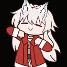 a cartoon character with white hair and ears is wearing a red jacket and a red shirt .