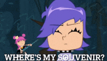 a cartoon of a girl with purple hair and the words " where 's my souvenir "