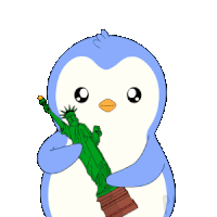 a penguin holding a green statue of liberty with confetti falling around it