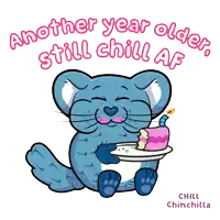 a cartoon of a chinchilla holding a birthday cake with the words another year older still chill af