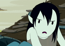 a cartoon character with long black hair and pointed ears looks angry