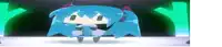 a cartoon character with blue hair and green eyes is dancing on a stage