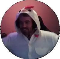 a man is wearing a chicken hooded costume