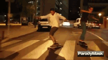 a man riding a skateboard across a crosswalk with parody mask written on the bottom