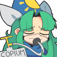 a cartoon drawing of a girl with green hair and a sign that says copium