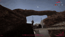 a screenshot of a video game shows a cliff with a bridge in the background and a red bar that says 4/5