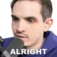 a man speaking into a microphone with the words alright written below him