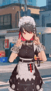 a girl in a maid outfit is standing in front of a building in a video game .