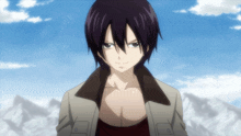 a cartoon character with purple hair and a tan jacket stands in front of a blue sky