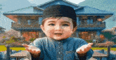 a baby wearing a black hat is standing in front of a large house .
