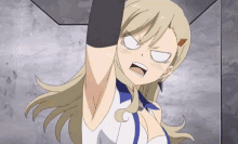 a blonde anime girl is making a funny face with her arm up .