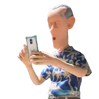 a cartoon man in a blue shirt is holding a cell phone