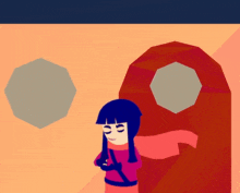 a cartoon drawing of a girl standing in front of a red door