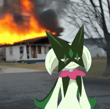 a cartoon character is standing in front of a house that is on fire
