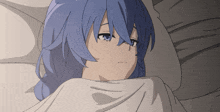 a girl with blue hair is laying in bed with a white blanket