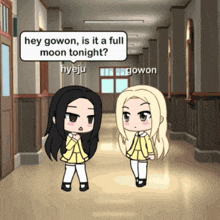 two girls are standing in a hallway and one of them says hey gowon