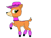 a cartoon drawing of a deer wearing a pink hat and leg warmers