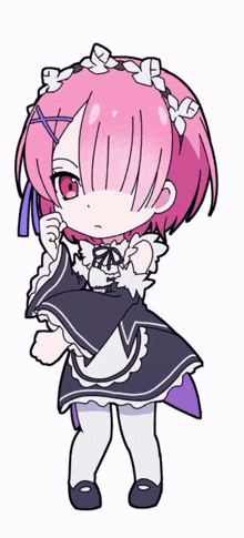 a cartoon drawing of a girl with pink hair and a black dress