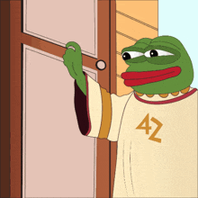 a cartoon frog wearing a white shirt with the number 42 on it