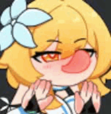 a cartoon girl with yellow hair and a flower in her hair is making a funny face .