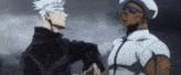 two anime characters standing next to each other with one wearing sunglasses