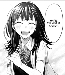 a girl is smiling and holding a pen with maybe i 'll give it a shot written below her