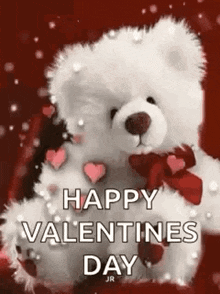 a teddy bear with hearts around its neck is sitting on a red background and says happy valentine 's day .