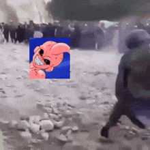 a picture of a cartoon character on a blue background with a group of people in the background