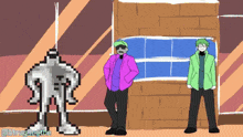 a pixel art drawing of two men standing next to each other with a brick wall in the background