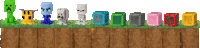 a row of minecraft toys are lined up on a grassy hill