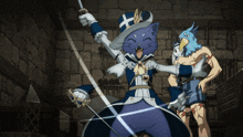 a cartoon cat with a sword and a bird on its head