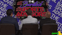 a group of men are sitting in front of a sign that says the barstool sports advisors