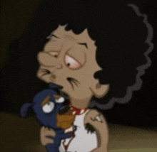 a cartoon character holds a stuffed animal in his arms