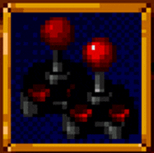 a pixel art of a video game controller with two red buttons on a blue background .