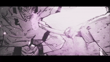 a drawing of a person holding a sword with a purple background