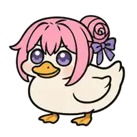 a white duck with pink hair and a purple bow on its head .