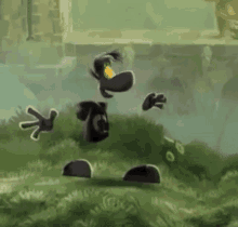 a cartoon character is flying through the air in a field of grass .